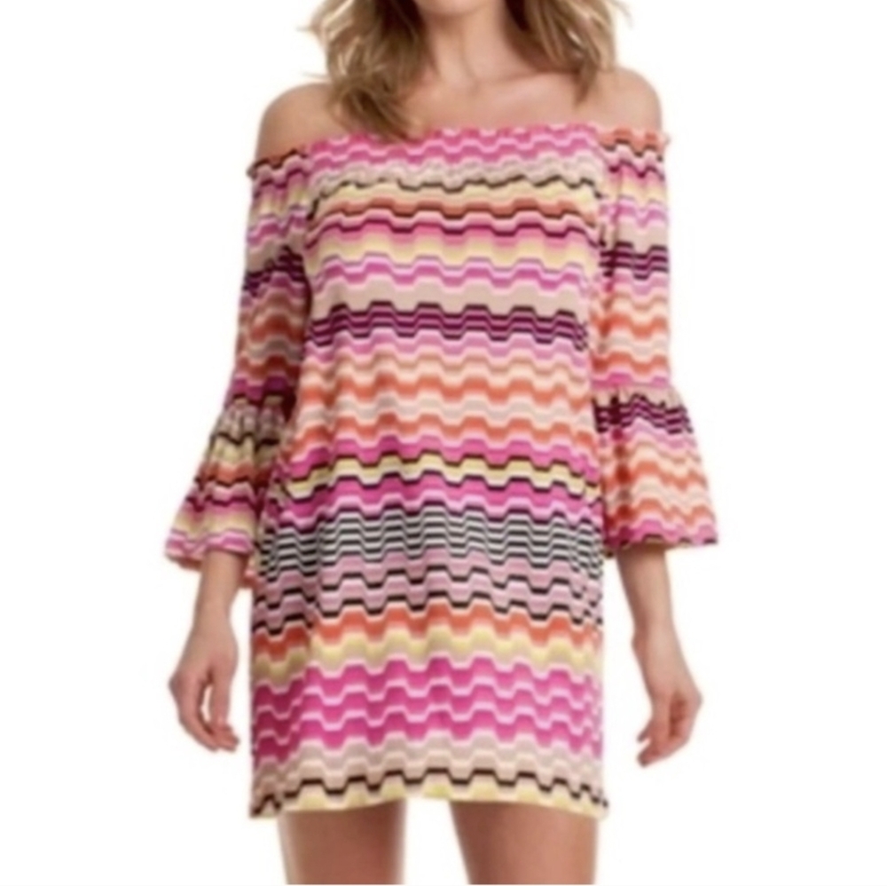 Trina Turk Multicolor Off-Shoulder Dress Wave Pattern